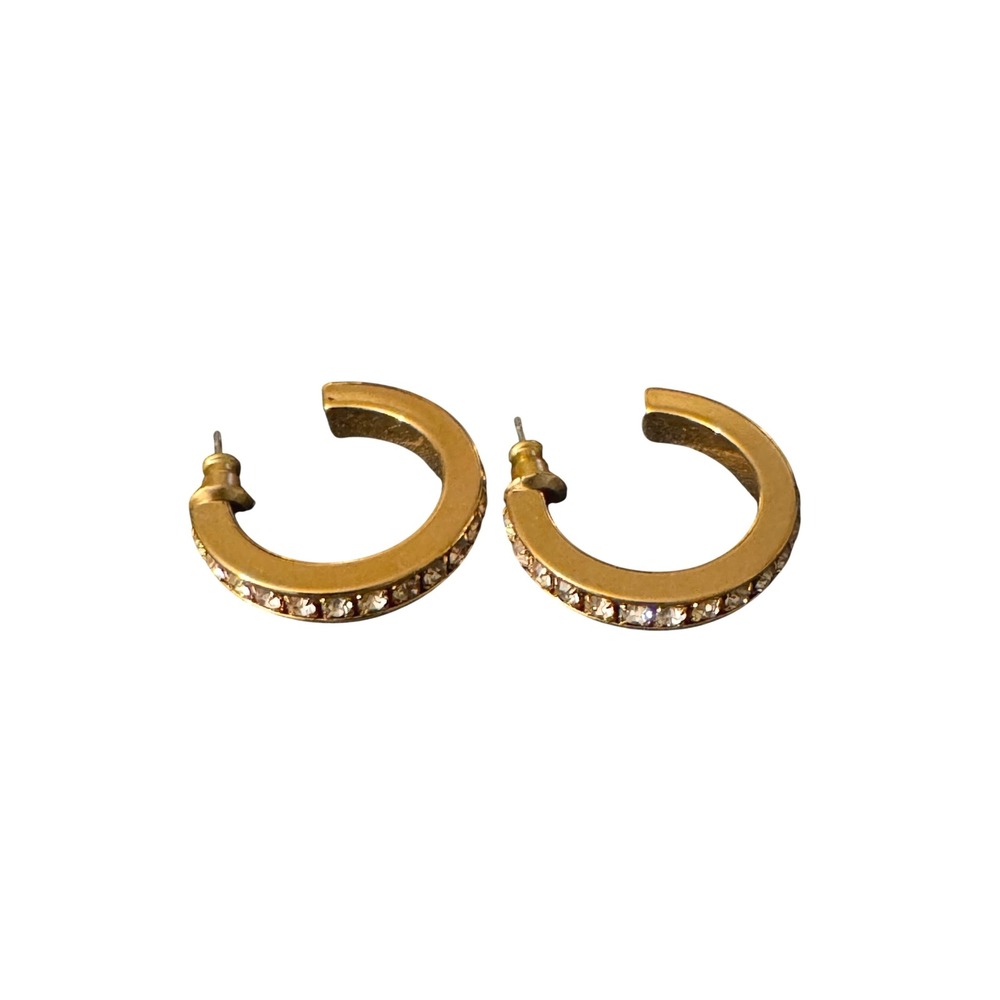 Gold Tone Rhinestone Channel Set Thick Hoop Earrings Post Back Modern Glam